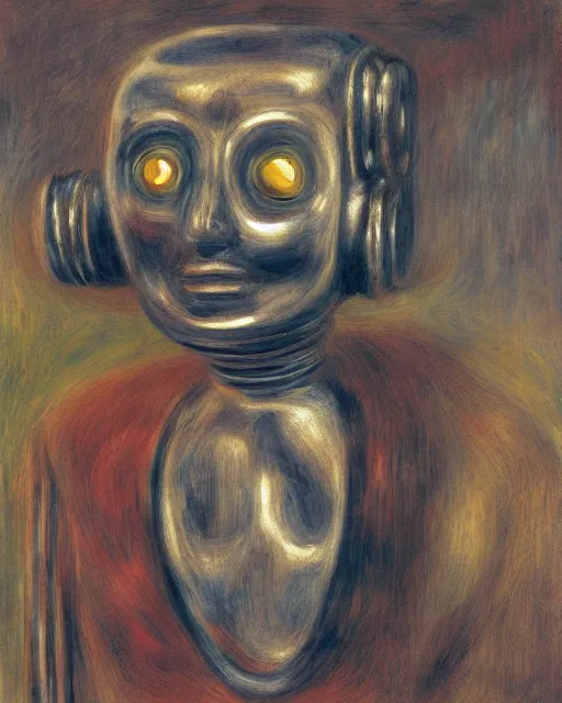 Image similar to portrait of a steel robot with metal face, in the style of Pierre-Auguste Renoir