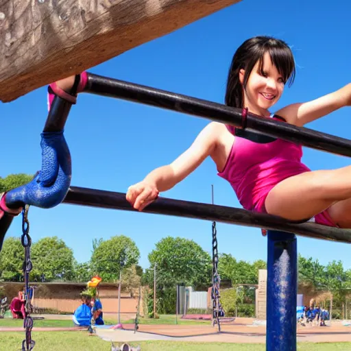 Prompt: Tifa Lockhart playing on the monkey bars.