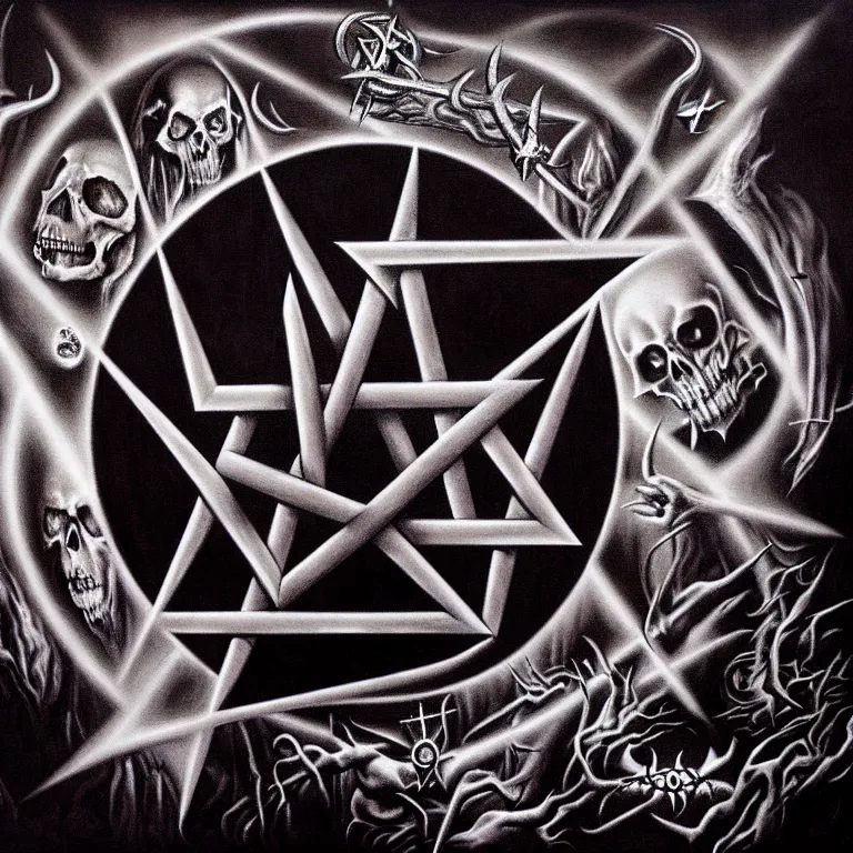 Prompt: death metal album cover. satanic pentagram, pentagram, satan, devil, occultism, satanism, dark horror. herman nitsch, airbrush.