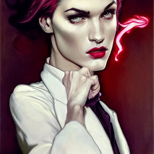 Image similar to beautiful portrait of androgynous ruby rose as desire from sandman in a white tuxedo!!!, rockabilly style, by alphonse mucha, cedric peyravernay, by jeremy mann, by frank moth, white suit and black tie, smoking cigarette, soft lightning, high detailed, 8 k