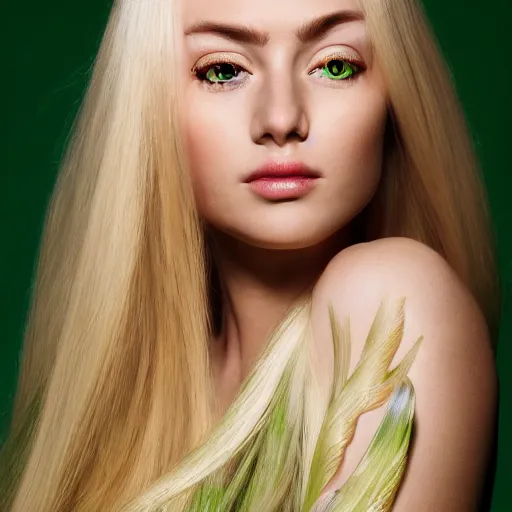 Image similar to A beautiful woman with long blonde hair and light green iris, small face thin eyebrows no makeup except winged eyeliner, full body portrait, highly detailed, excellent composition, dramatic lighting, realistic 4k