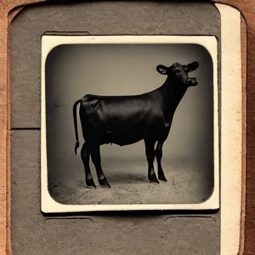 Prompt: tintype photo of a one legged cow