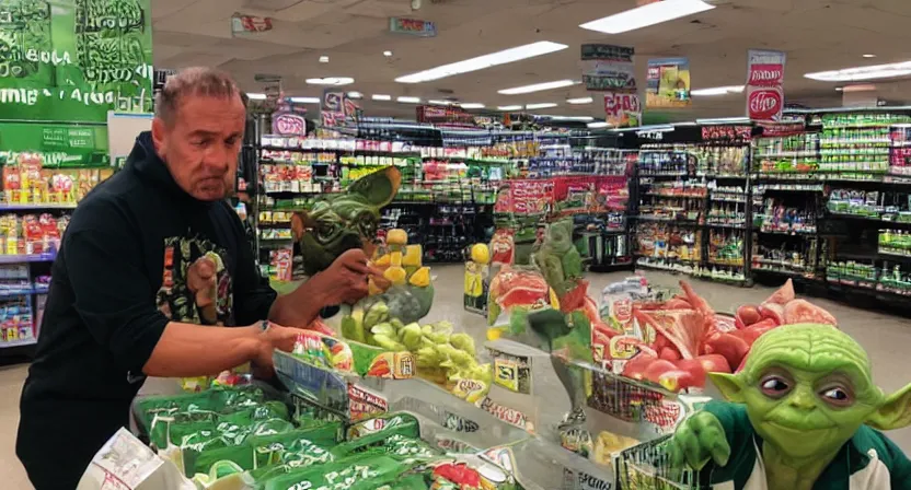 Image similar to a mix between Hulk and Yoda and Dobby and gollum buying groceries in a seven eleven, center frame medium shot, shot on technicolor cinemascope 35mm anamorphic lense, flare