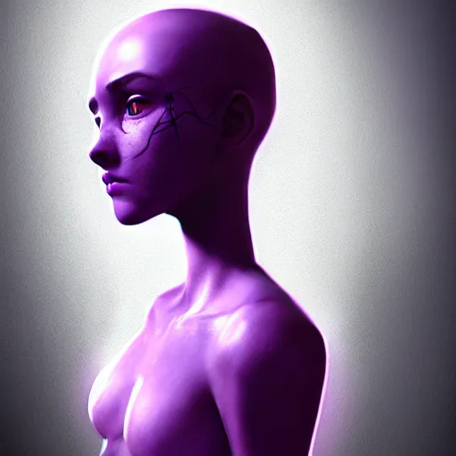 Image similar to artstation young teen with purple eyes and tiny and very thin tentacles on her head, in despair, very detailed, portrait, high contrast, unreal engine 5
