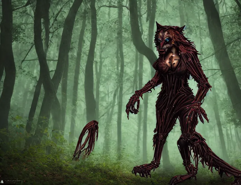 Prompt: draped werewolf priestess with delicate biomechanical components wandering in the woods. safe for work, complementary colors, professional photography, matte painting, luminescent, 3 d render, 4 k, rimlight.
