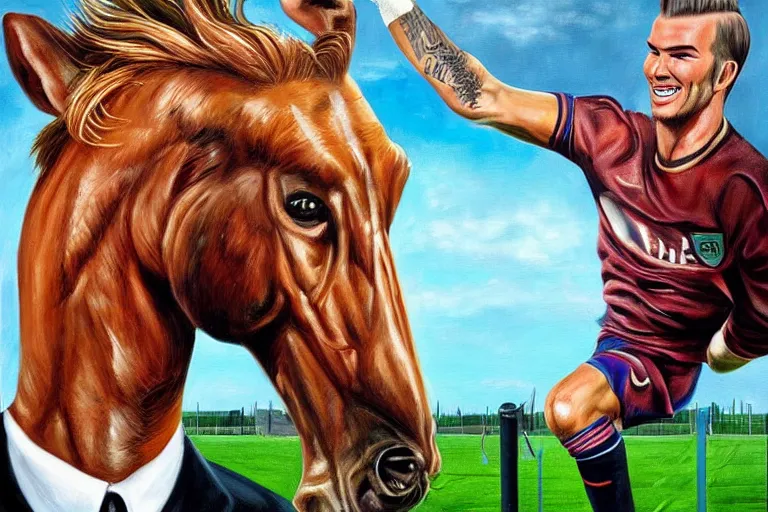 Image similar to beautiful lifelike painting of david beckham human horse centaur soccer star, majestic cinematic, hyperreal detailed facial features and uv lighting, art by ed roth and basil wolverton