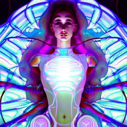 Image similar to psychedelic organic cyborg ballerina, white holographic plastic, backlit spotlight, fantasy, intricate, elegant, highly detailed, lifelike, photorealistic, digital painting, artstation, illustration, smooth, sharp focus, art by john collier and albert aublet and krenz cushart and artem demura and alphonse mucha