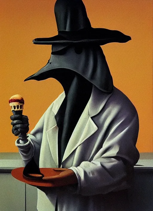 Image similar to plague doctor eating ice cream Edward Hopper and James Gilleard, Zdzislaw Beksinski highly detailed