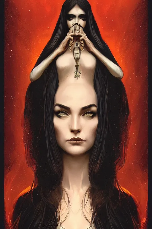 Prompt: tarot!!, high priestess, no noise, elegant, concept art, sharp focus, beautiful face!!, digital art, smooth defined outlines!!, human anatomy, human structure, vector background, by Brom, trending on Artstation, Tom Bagshaw, Sargent