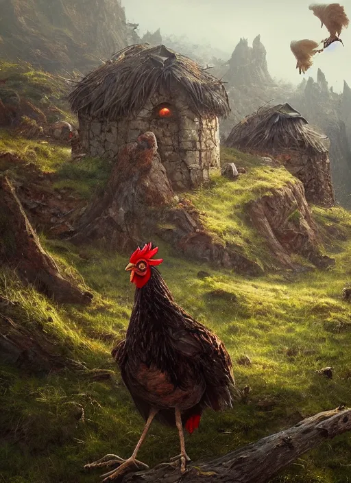 Image similar to two giant chicken legs below witch hut, greg rutkowski, zabrocki, karlkka, jayison devadas, trending on artstation, 8 k, ultra wide angle, zenith view, pincushion lens effect