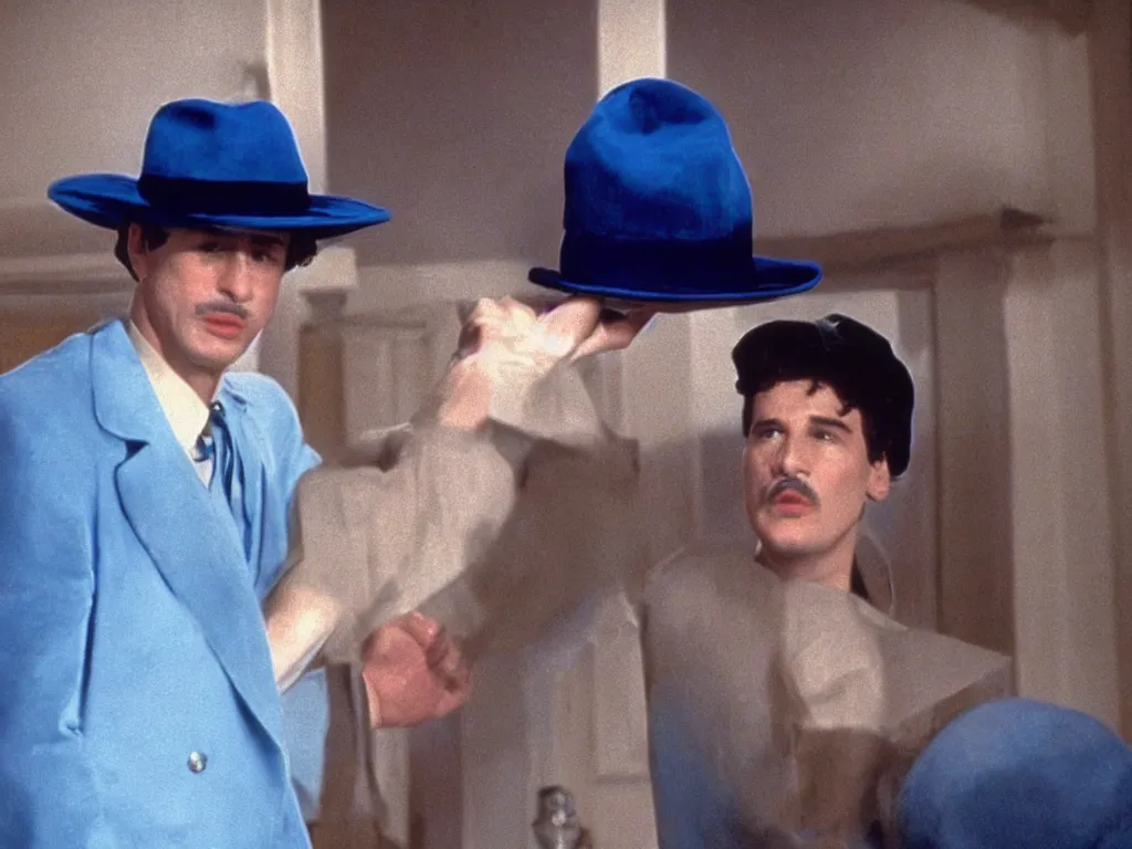 Image similar to Film Still of Mario in a hat in David Lynch's Blue Velvet film aesthetic!!!