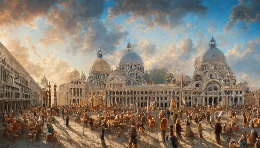 Prompt: bob ross surrounded by hundreds of easels with paintings on the piazza san marco, extremely detailed digital painting, vibrant colors, in the style of tomasz alen kopera and fenghua zhong and peter mohrbacher, mystical colors, rim light, beautiful lighting, 8 k, stunning scene, raytracing, octane, trending on artstation