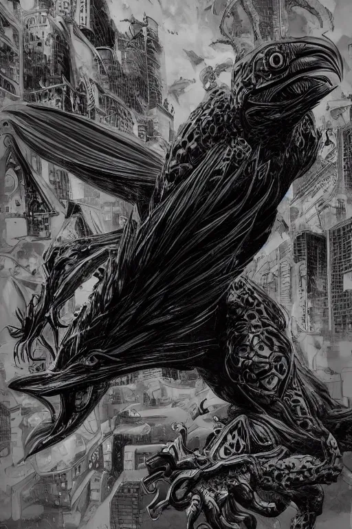 Image similar to portrait black raven bird cthulhu by yusuke murata and masakazu katsura, artstation, highly - detailed, cgsociety, artstation, pencil and ink, fighting pose, city in the background, dark colors, detailed face