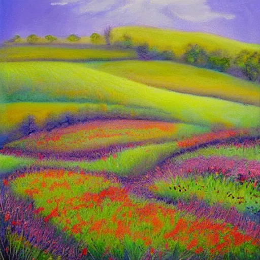 Prompt: This painting is a unique pastel and oil on canvas. It features a beautiful landscape with rolling hills and fields of wildflowers. The colors are soft and soothing, making it the perfect piece to relax and unwind with.