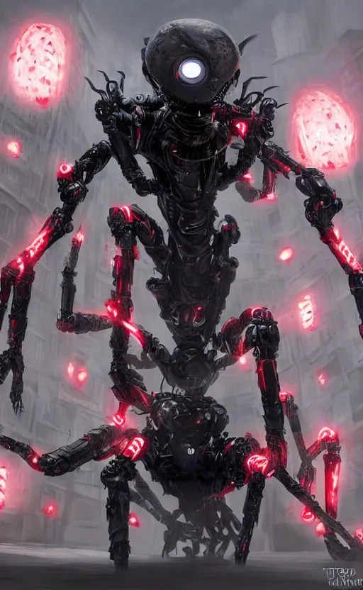 Prompt: a robot humanoid spider in a city, with 4 arms with claws, glowing red eyes, in a black carbon and red fiber armor, smiling creepily, dynamic lighting, photorealistic fantasy concept art, trending on art station, stunning visuals, creative, cinematic, ultra detailed