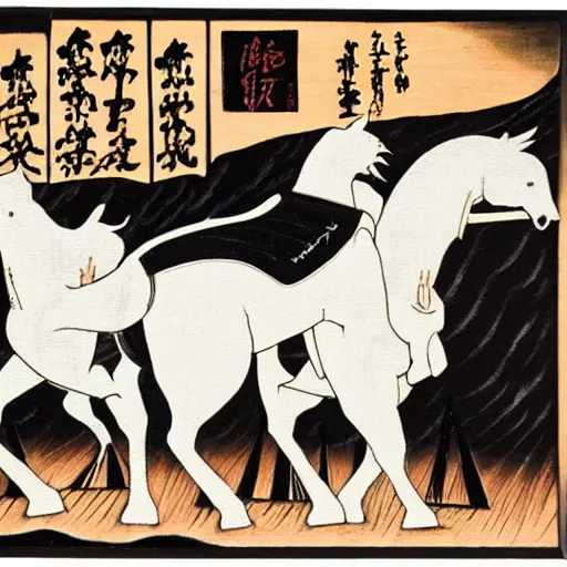 Image similar to group of white horses wearing black karate gis practicing karate inside a dojo, fantasy, woodblock art