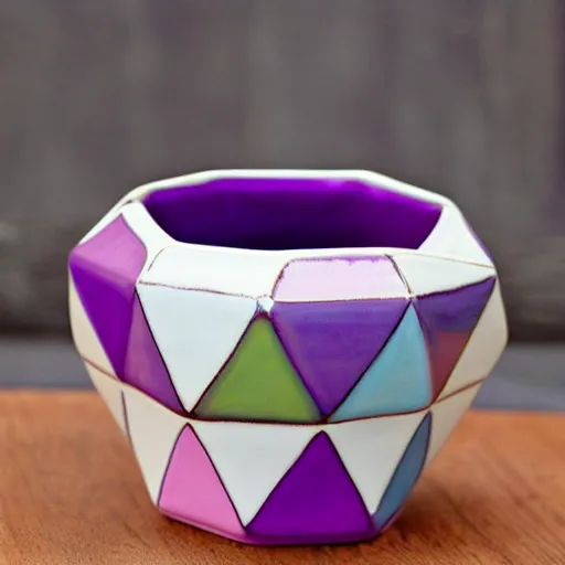 Image similar to tall icosahedron triangle ceramic mug with pink and purple pearlescent glaze