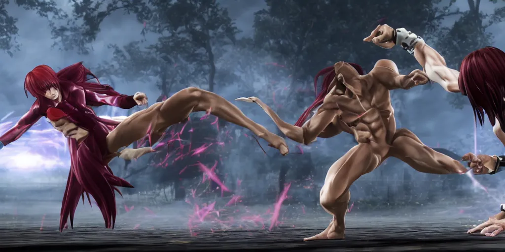 Prompt: iori yagami beating orochi in an open world game, hyperralistic, unreal engine, 8 k, raytracing, subsurface scattering, high resolution textures