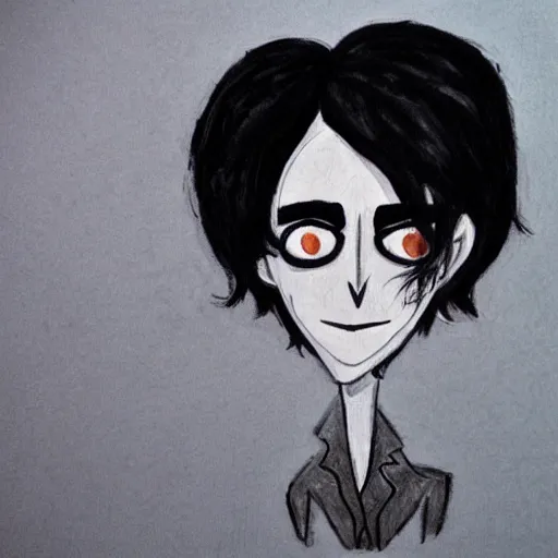 Image similar to young man portrait, black hair, skinny, sleep deprived, corpse bride art style