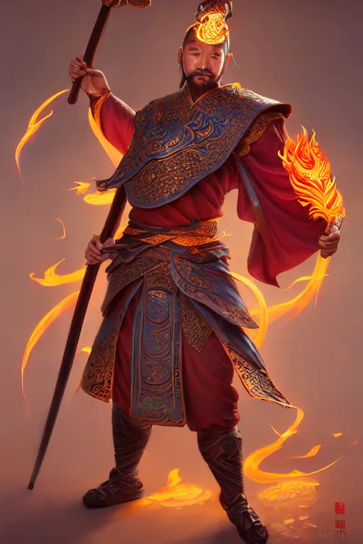 Image similar to charming nezha, highly detailed, man holding spear, flame everywhere, epic pose, masterpiece chinese fantasy character portrait, highly detailed, digital painting, trending on artstation, concept art, sharp focus, illustration, global illumination, ray tracing, realistic shaded, art by artgerm and greg rutkowski and fuji choko and viktoria gavrilenko and hoang lap