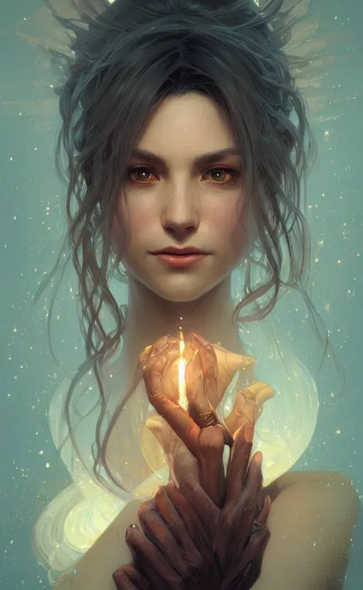 Image similar to portrait of a light witch, kind, loving, elegant, faithful, hopeful, intricate, headshot, highly detailed, digital painting, artstation, concept art, sharp focus, cinematic lighting, illustration, art by artgerm and greg rutkowski, alphonse mucha, cgsociety