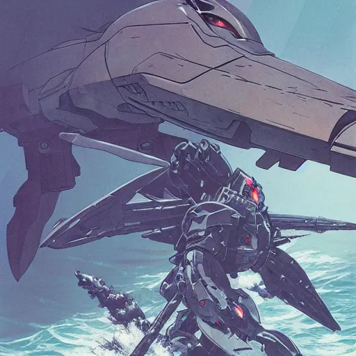 Image similar to shark faced gundam, amphibious combat mecha mobile suit stepping onto a beach holding a scifi weapon, over under shot by wayne barlowe, pascal blanche, victo ngai