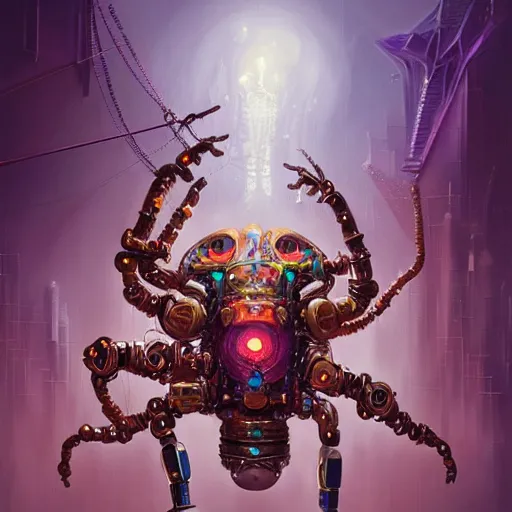 Image similar to biomechanical spider king, cyberpunk, bionics, augments, lights, cables, elegant gleaming intricate baroque jewellery, colorful, vivid, imposing, epic, digital painting, artstation, concept art, by peter mohrbacher and wlop and rhads,