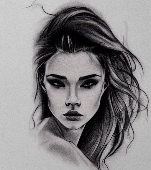 Prompt: tattoo design sketch of an extremely beautiful woman face with a faded background of beautiful mountains on her side, hyper - realistic, in the style of matteo pasqualin, amazing detail, black and white, faded