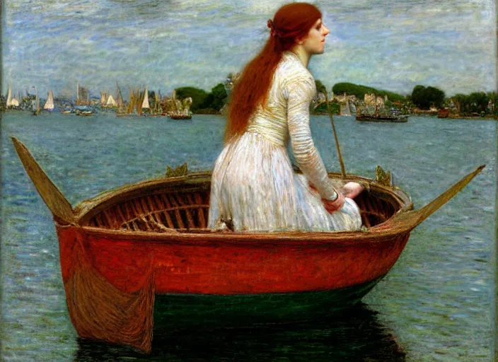 Image similar to lady of shallot in a boat by john william waterhouse, rosetti, monet, william holman hunt, 8 k