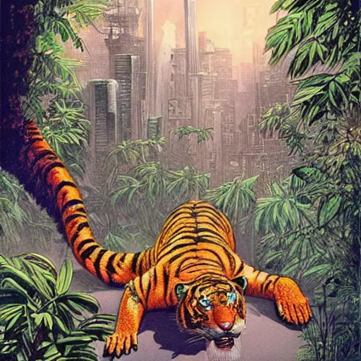 Prompt: a hybrid animal that is half alligator and half tiger in a futuristic city scape on the edge of the jungle, rule of thirds, painting style of jean giraud and moebius and don lawrence and alex ross