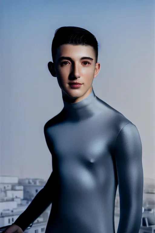 Image similar to un ultra high definition studio quality photographic art portrait of a young man standing on the rooftop of a british apartment building wearing soft padded silver pearlescent clothing. three point light. extremely detailed. golden ratio, ray tracing, volumetric light, shallow depth of field. set dressed.