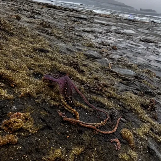 Prompt: a grainy photo of a mysterious cnidarian in the tide pools at a foggy beach