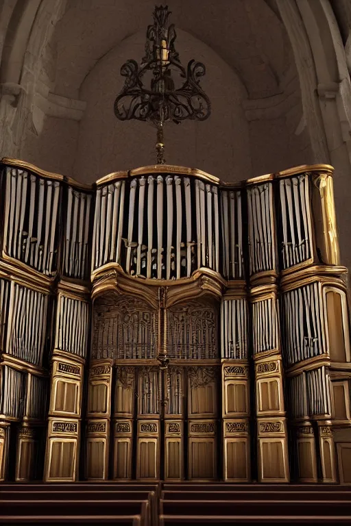 Prompt: a detailed render of an isolated lonely pipe organ in a church, with large golden pipes, trending on artstation, render, 3 d, octane, 4 k, 8 k, unreal engine, cinema 4 d