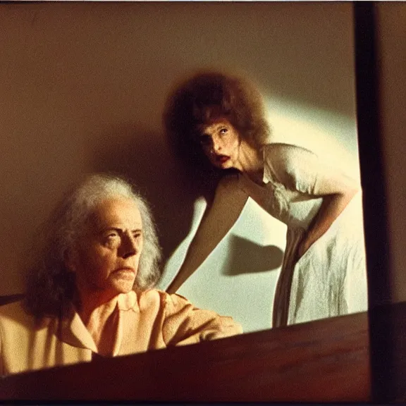 Image similar to polaroid photography, still from a 7 0's art house movie by alejandro jodorowsky, edward hopper and leonora carrington : : love, violence and surrealism, close - up view : : professional photograph, cinestill 8 0 0 tungsten 3 5 mm, high quality, triadic color scheme