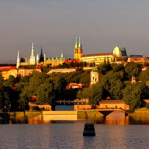 Image similar to a falcon 9 rocket launching from a river platform on Vltava river at sunset , background is the skyline of Prague castle, Charles bridge in the foreground, artistic photo