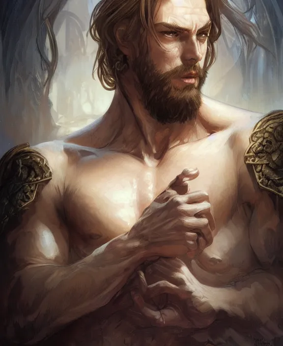 Image similar to portrait close up of guy, concentrated look, symmetry, long hair. d & d, fantasy, intricate, elegant, highly detailed, digital painting, artstation, concept art, art by artgerm and greg rutkowski and alphonse mucha, boris vallejo