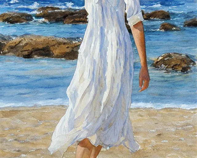 Image similar to a photorealistic watercolor of a woman with translucent white dress walking by the beach, by Steve Hanks, highly detailed and realistic, intricate HD, emotional realism