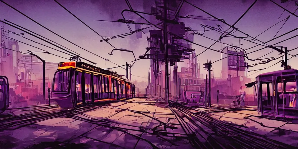 Prompt: post apocalyptic wasteland overhead wires neon futuristic cyberpunk vaporwave glow sunset clouds sky streetcar tram subway tunnel illustration by syd mead