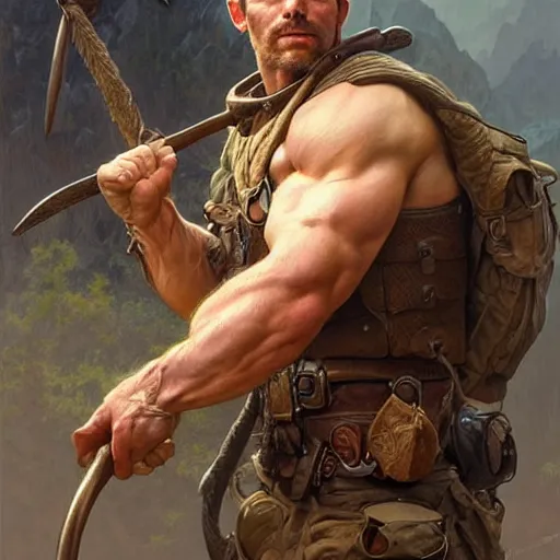 Image similar to portrait of a rugged ranger, muscular, upper body, 🍑 🍑 🍑 , D&D, fantasy, intricate, elegant, highly detailed, digital painting, artstation, concept art, smooth, sharp focus, illustration, art by artgerm and greg rutkowski and alphonse mucha