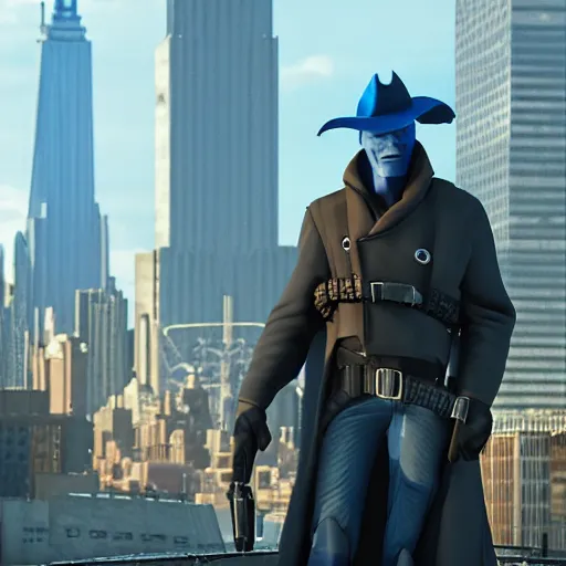 Image similar to cad bane in new york, clear photorealistic, movie still, beautiful lighting, 8 k