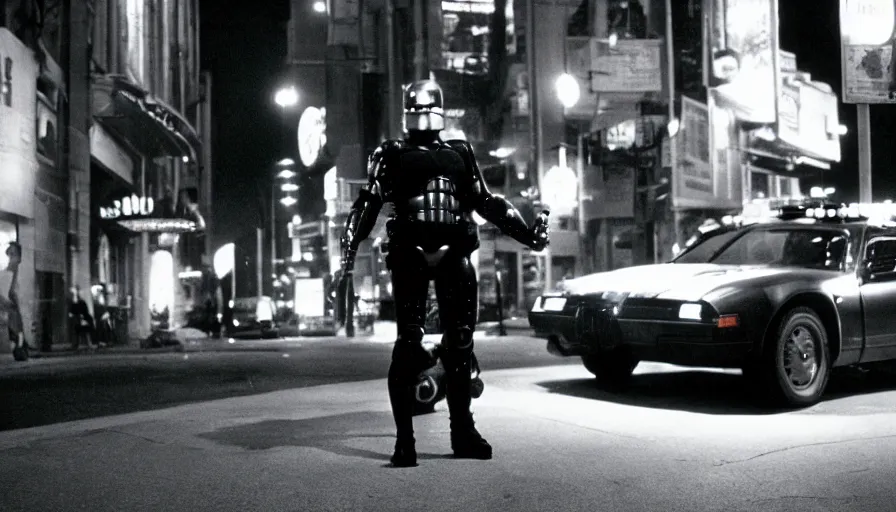 Image similar to peter weller in robocop costume, standing under a street lamp at night in downtown future detroit. leaning against a futuristic police car. criterion collection, movie still. 7 0 mm. imax. film.