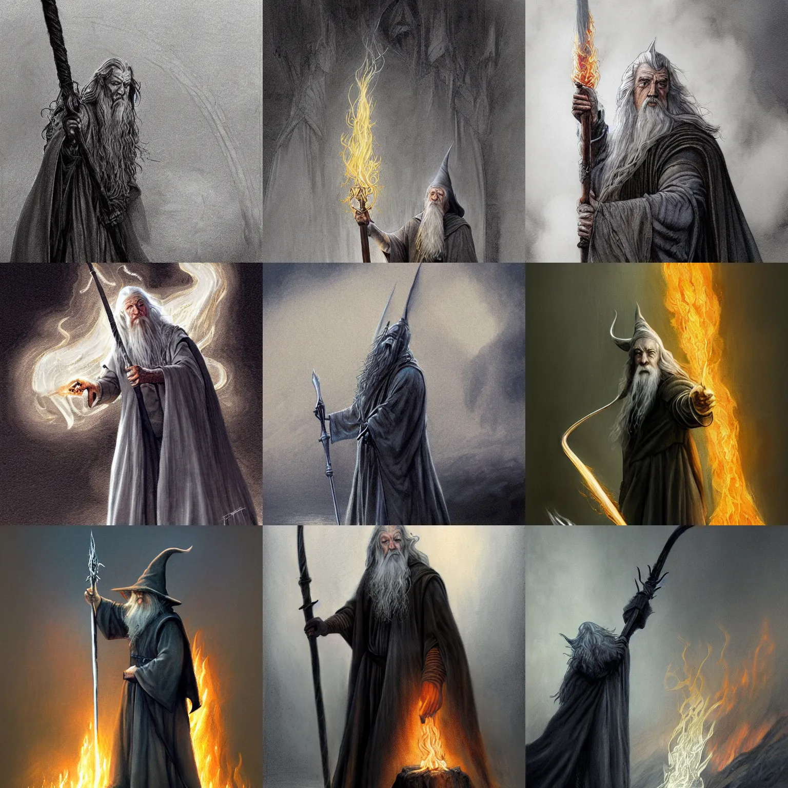 Prompt: gandalf the grey holding his staff aloft by alan lee, darkness lit only by flames all about, intricate, highly detailed flames, digital painting, artstation