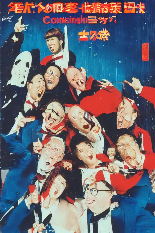 Prompt: coneheads austin powers japanese vhs cover art, detailed facial expressions