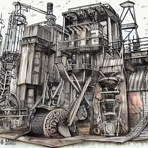 Prompt: Steampunk factory, ink and watercolor, dark vibe