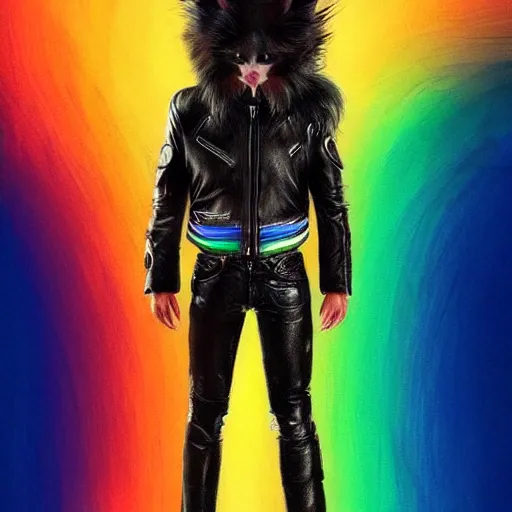 Image similar to wide angle full body, jacket wearing fluffy cute rainbow kitten wearing a black leather motorcycle jacket, cinematic concept art