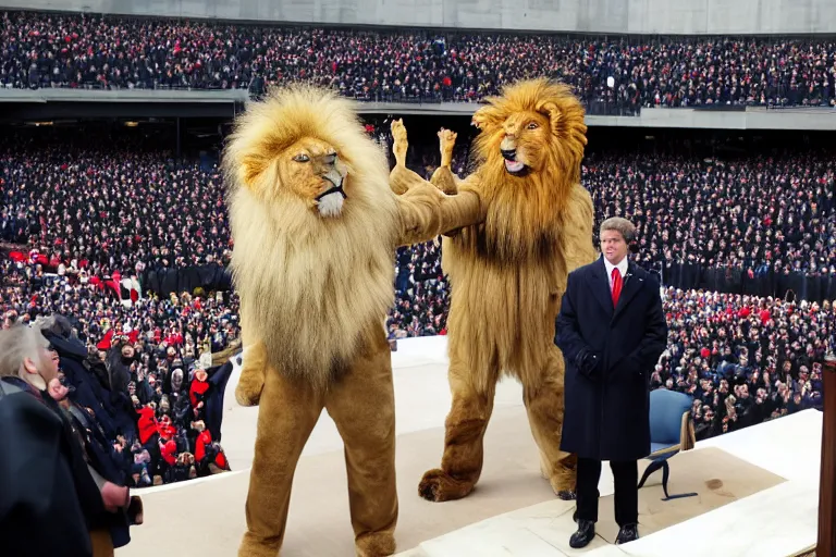 Image similar to photo of the usa presidential inauguration, a lion fursuiter being inaugurated as president