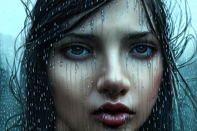 Prompt: girl flying freely in rain with wet hair and face, glowing eyes, fantasy, captivating dynamic facial expression, intricate, elegant, dramatic lighting, emotionally evoking symbolic metaphor, highly detailed, lifelike, photorealistic, digital painting, artstation, concept art, smooth, sharp focus, illustration, art by John Collier and Albert Aublet and Krenz Cushart and Artem Demura and Alphonse Mucha