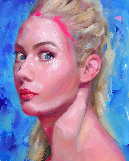 Prompt: Portrait of a blonde Goddess, Oil painting expressionist Portrait of a girl with vibrant red and pink background, actress, very coherent, beautiful, defined upper body, holds a spark of all creation in her hands, intricate dress, wide angle, intricate, elegant, overdetailed, professional digital painting, artstation, concept art, smooth, sharp focus, 8K, art by artgerm and greg rutkowski and alphonse mucha and Norman Rockwell and Francis Bacon