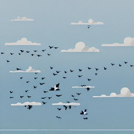 Prompt: Migratory path of birds in the sky, ilustration art by Goro Fujita