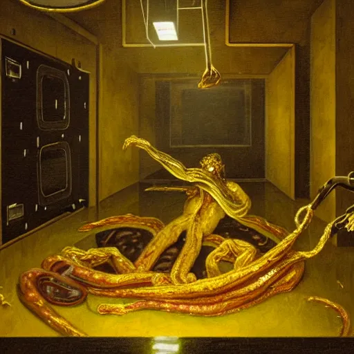 Image similar to dark hi-tech sci-fi lab at night, realistic gustave coubert painting a hideous and sick human exposed guts crawling in two legs and dripping golden metalic fluid from intestine into a pool of golden liquid on the floor. Smokey atmosphere